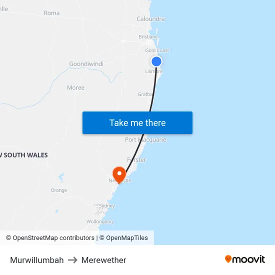 Murwillumbah to Merewether map