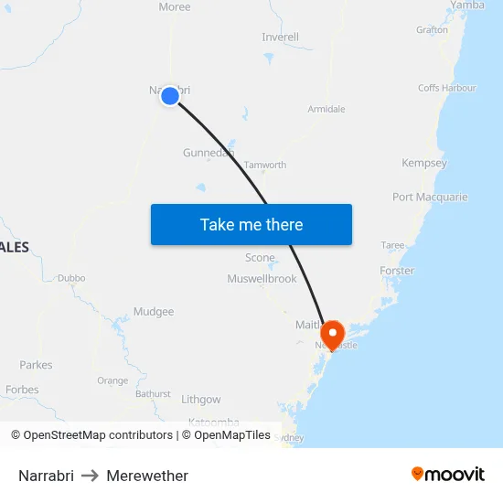 Narrabri to Merewether map