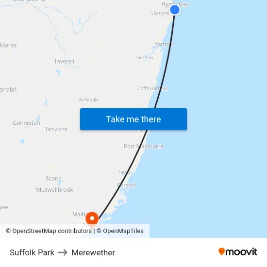 Suffolk Park to Merewether map