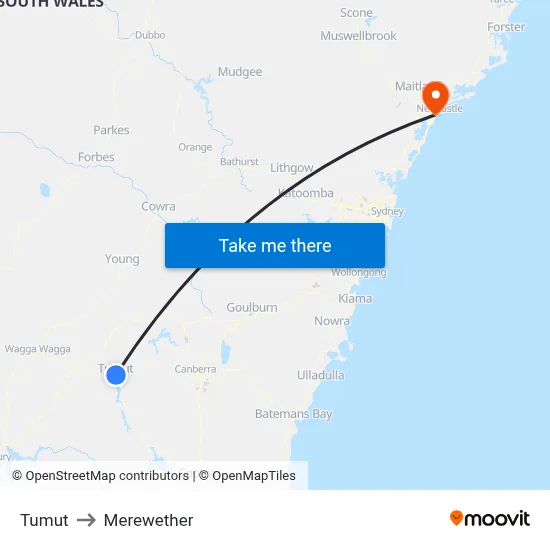 Tumut to Merewether map