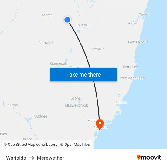 Warialda to Merewether map
