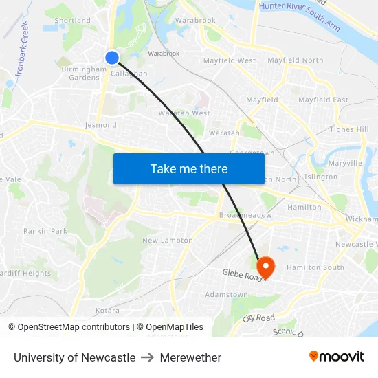 University of Newcastle to Merewether map