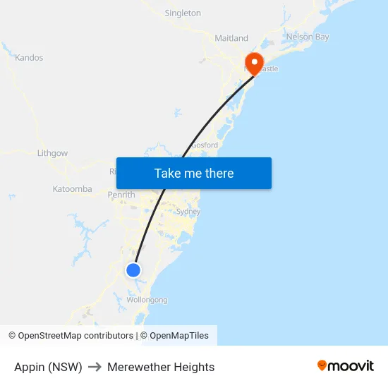 Appin (NSW) to Merewether Heights map