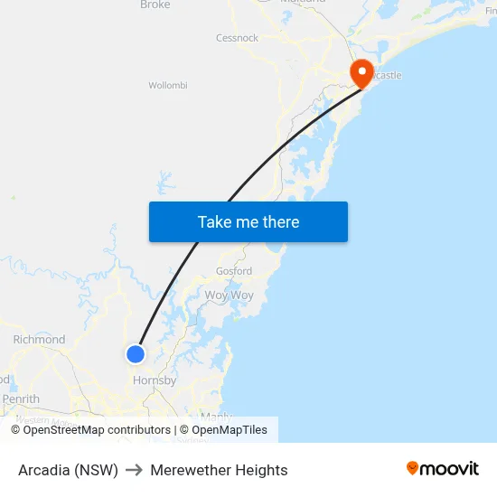 Arcadia (NSW) to Merewether Heights map