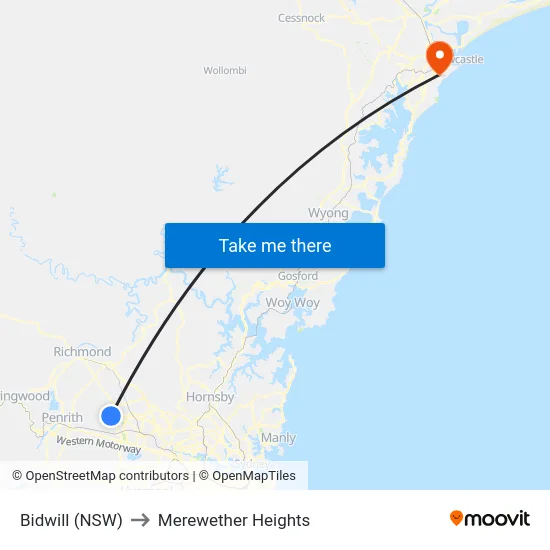 Bidwill (NSW) to Merewether Heights map
