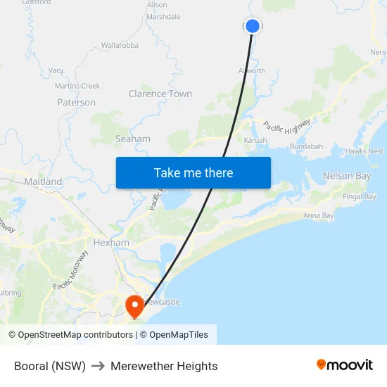 Booral (NSW) to Merewether Heights map