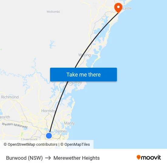Burwood (NSW) to Merewether Heights map