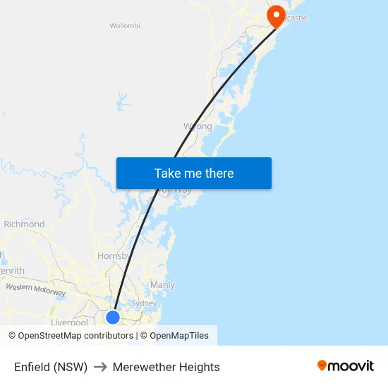 Enfield (NSW) to Merewether Heights map