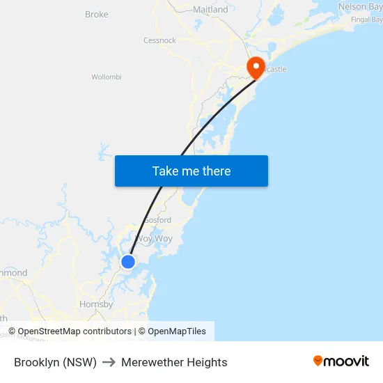 Brooklyn (NSW) to Merewether Heights map