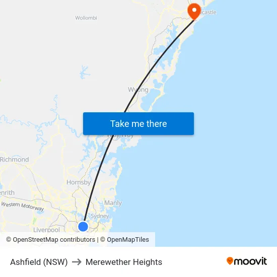 Ashfield (NSW) to Merewether Heights map