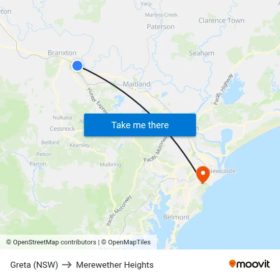 Greta (NSW) to Merewether Heights map