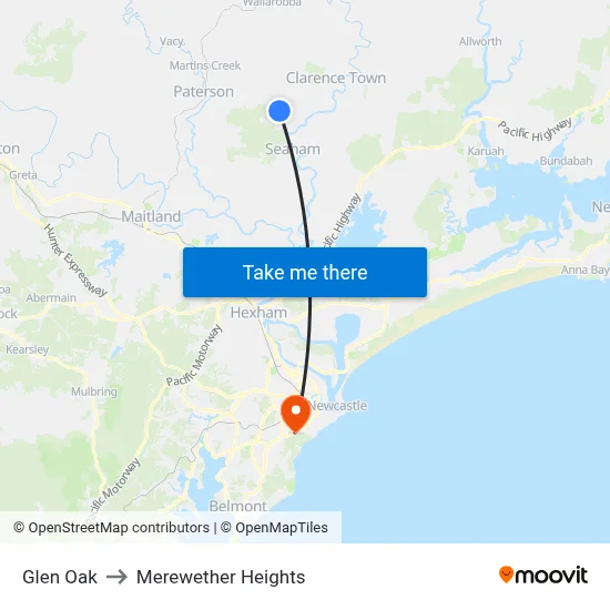 Glen Oak to Merewether Heights map