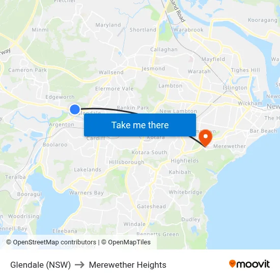 Glendale (NSW) to Merewether Heights map
