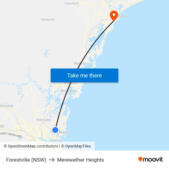 Forestville (NSW) to Merewether Heights map