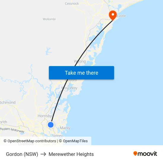 Gordon (NSW) to Merewether Heights map