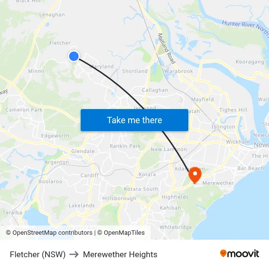 Fletcher (NSW) to Merewether Heights map