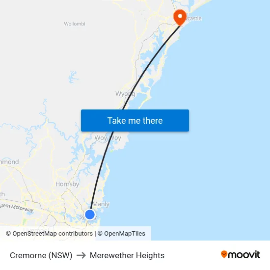Cremorne (NSW) to Merewether Heights map