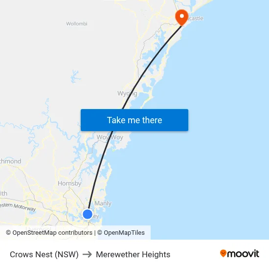 Crows Nest (NSW) to Merewether Heights map