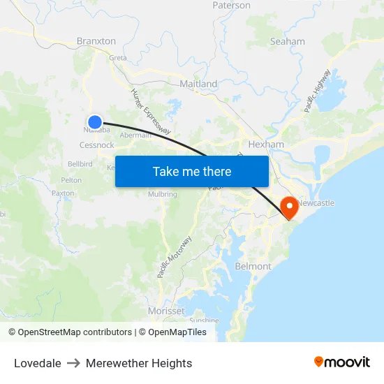 Lovedale to Merewether Heights map