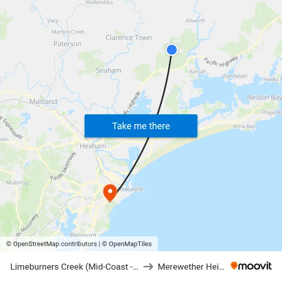 Limeburners Creek (Mid-Coast - NSW) to Merewether Heights map