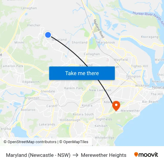 Maryland (Newcastle - NSW) to Merewether Heights map