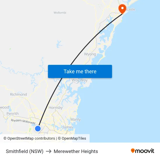 Smithfield (NSW) to Merewether Heights map