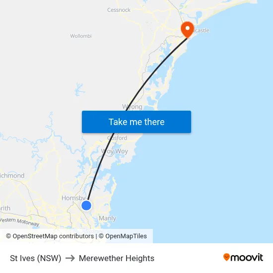 St Ives (NSW) to Merewether Heights map
