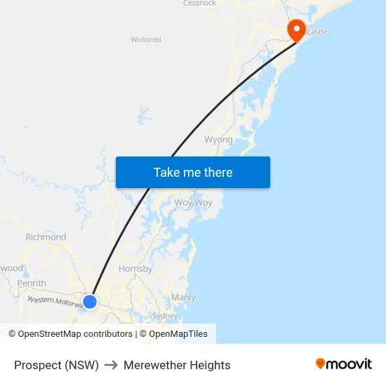 Prospect (NSW) to Merewether Heights map