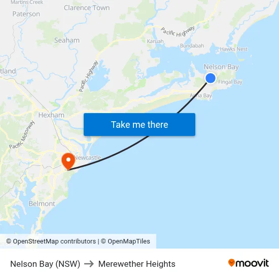 Nelson Bay (NSW) to Merewether Heights map