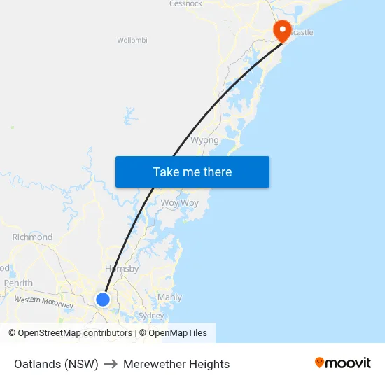 Oatlands (NSW) to Merewether Heights map