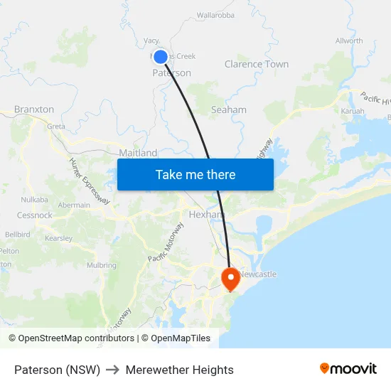 Paterson (NSW) to Merewether Heights map