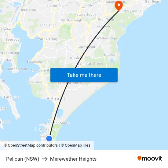 Pelican (NSW) to Merewether Heights map