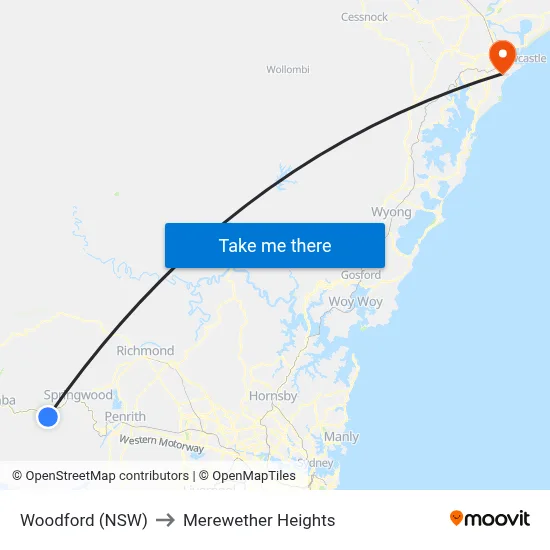 Woodford (NSW) to Merewether Heights map