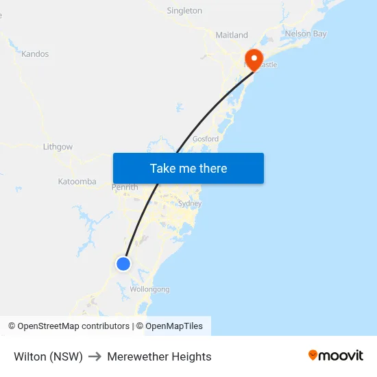 Wilton (NSW) to Merewether Heights map