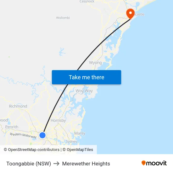 Toongabbie (NSW) to Merewether Heights map