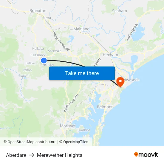 Aberdare to Merewether Heights map