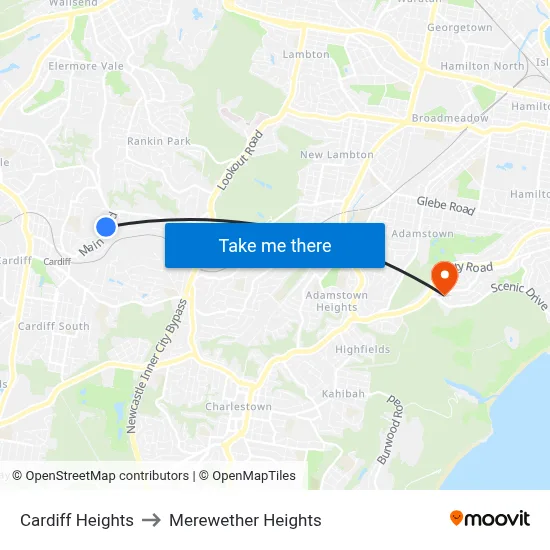 Cardiff Heights to Merewether Heights map