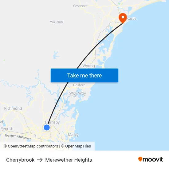 Cherrybrook to Merewether Heights map