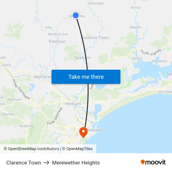 Clarence Town to Merewether Heights map