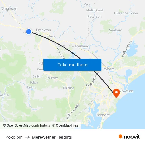 Pokolbin to Merewether Heights map