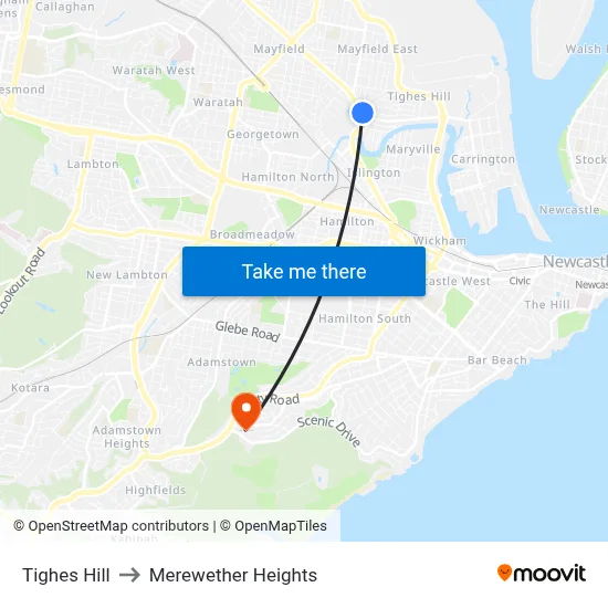 Tighes Hill to Merewether Heights map