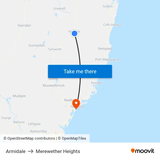 Armidale to Merewether Heights map