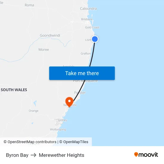 Byron Bay to Merewether Heights map