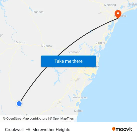 Crookwell to Merewether Heights map