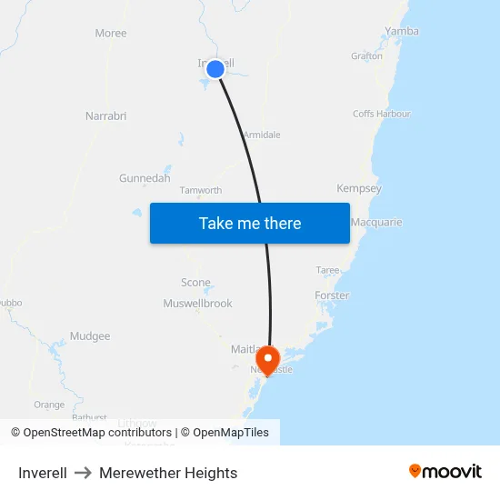 Inverell to Merewether Heights map
