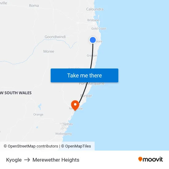 Kyogle to Merewether Heights map