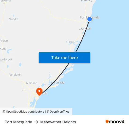 Port Macquarie to Merewether Heights map