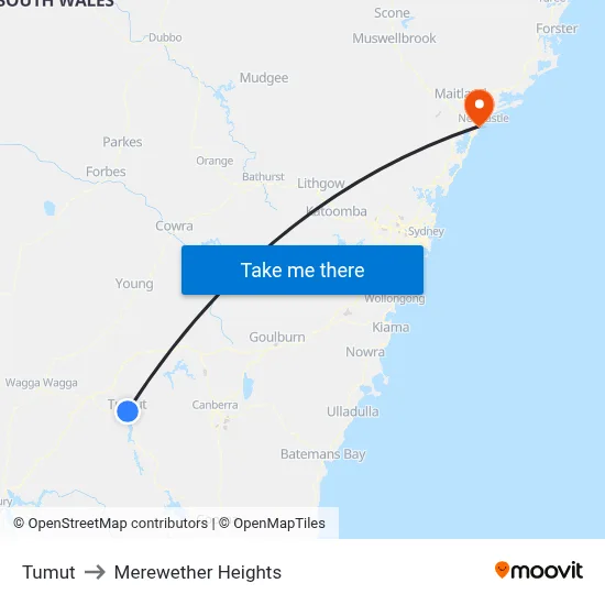 Tumut to Merewether Heights map