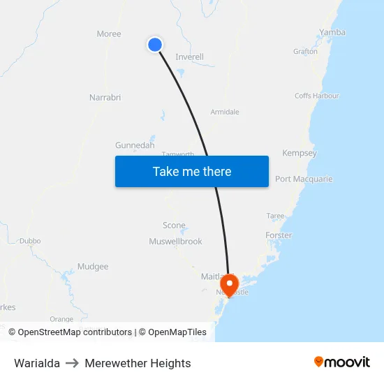 Warialda to Merewether Heights map