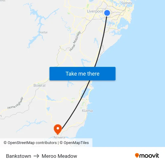 Bankstown to Meroo Meadow map